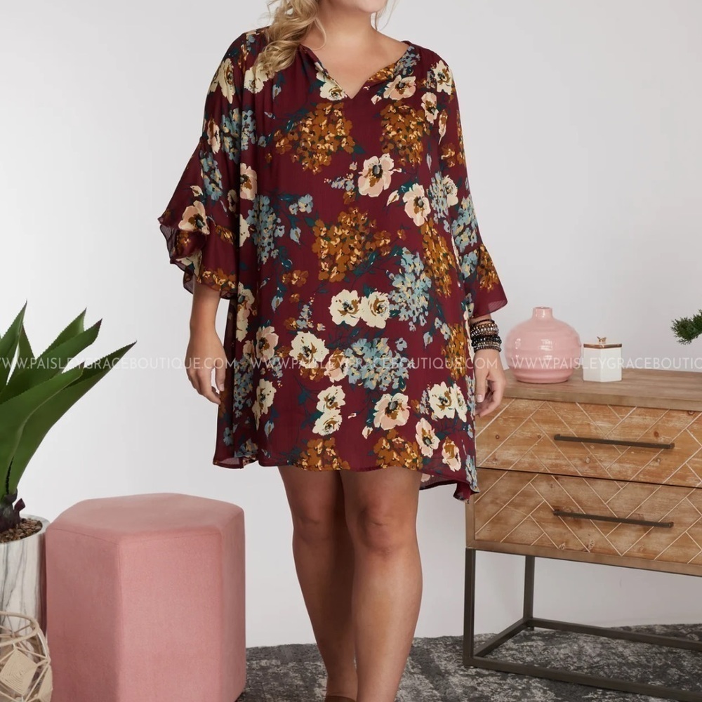 UMGEE Casual Floral A Line Dress Bell Sleeve